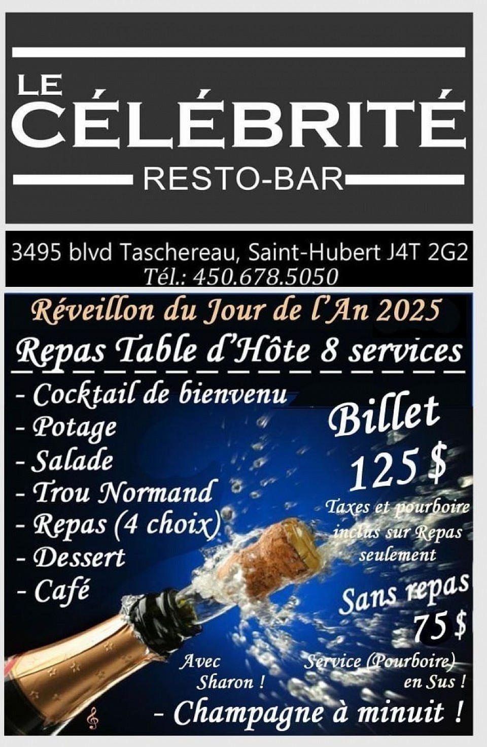 Repas 8 services et champagne à minuit